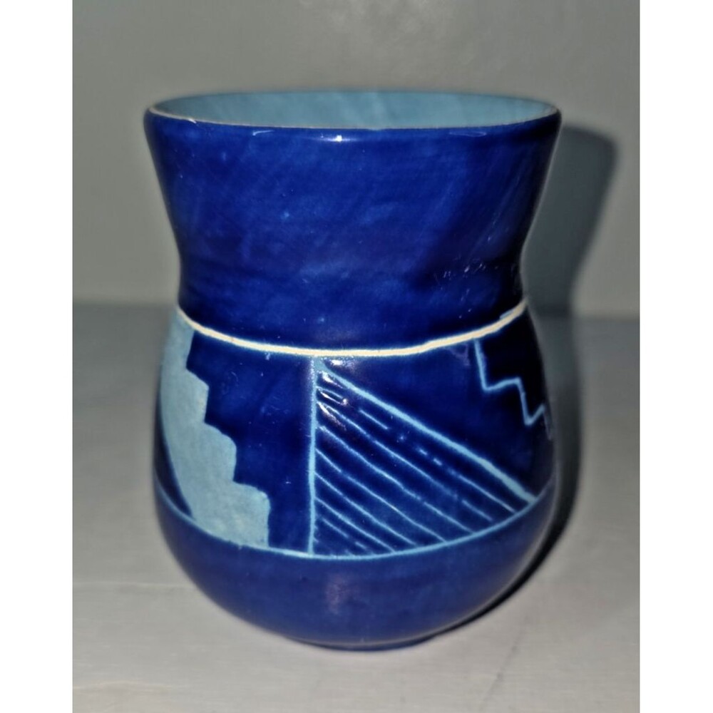 Vintage Handmade Ceramic Vase with Textured Geometric Design in Blue EUC 4” Tall